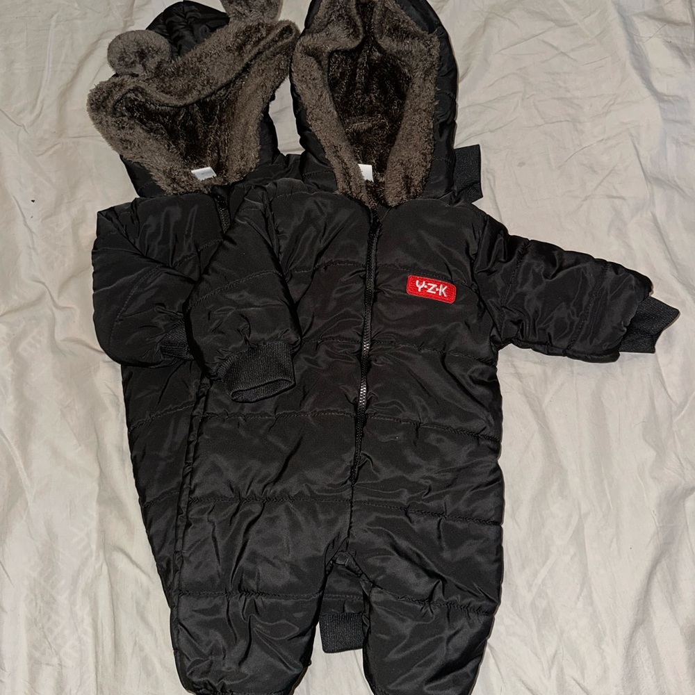 2-Pack Black Bear-Ear Snowsuits – Size 3–6 Months – Twin Friendly